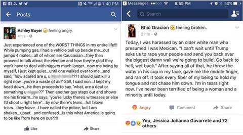 People share horrific incidents of racism, sexism online, just one day after Donald Trump’s win