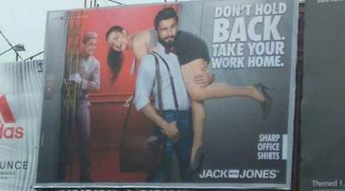 ranveer singh, ranveer singh advertisment, ranveer singh jack and jones, ranveer singh billboard, ranveer singh sexist poster, jack and hones ranveer singh ad, ranveer singh ad, ranveer singh dont hold back, ranveer singh masculinity, ranveer singh controversy, india news