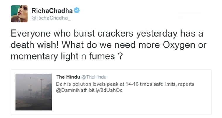 Like any responsible citizen would be, Richa Chadha was affected by the pollution after Diwali. (Source: Richa Chadha/Twitter)