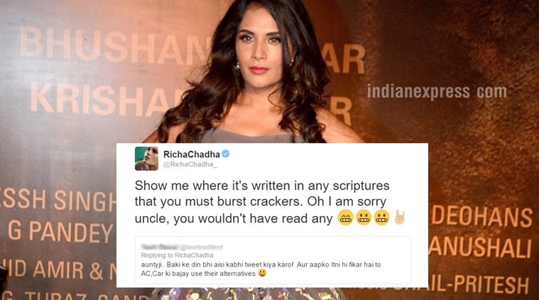 richa chadha, richa chadha twitter, richa chadha diwali tweet, richa chadha diwali tweet mean replies, richa chadha diwali tweet viral, diwali trending, diwali 2016, diwali viral, indian express, indian express news, viral, trending, trending in India