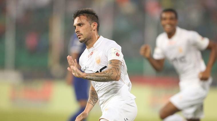Nicolas Velez of NorthEast United FC scores a goal during match 49 of the Indian Super League (ISL) season 3 between Chennaiyin FC and NorthEast United FC held at the Jawaharlal Nehru Stadium in Chennai, India on the 26th November 2016. Photo by Luke Walker / ISL / SPORTZPICS