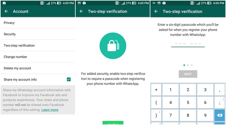 WhatsApp Two-step verification setup screens