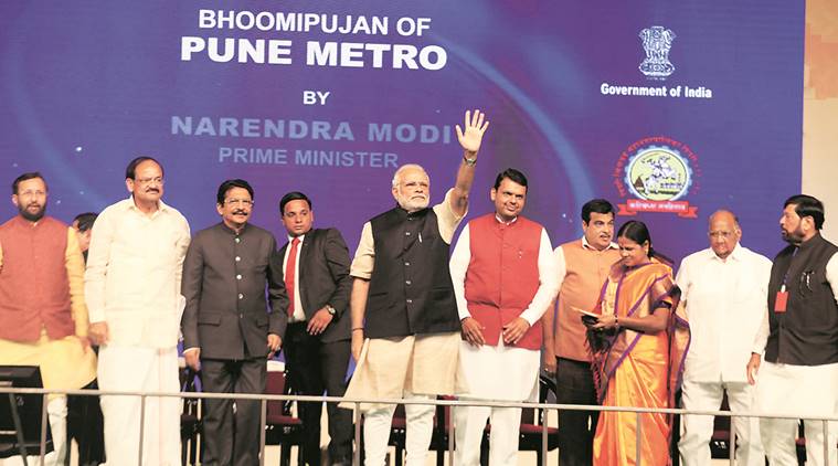 Prime Minister Narendra Modi with Chief Minister Devendra Fadnavis, Union ministers Nitin Gadkari, Venkaiah Naidu and Prakash Javadekar, and NCP chief Sharad Pawar at the foundation stone laying ceremony of Pune Metro on Saturday. Pavan Khengre