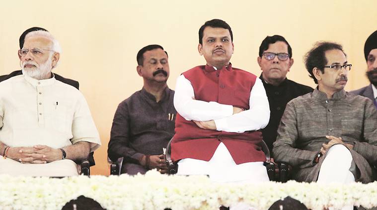 Narendra Modi, Modi, PM Modi mumbai, Modi's mumbai visit, Shiv sena, Uddhav thackeray, thackeray, Devendra Fadnavis, Fadnavis, Maharashtra, maharashtra chief minister, Maharashtra CM Devendra Fadnavis, BJP, Chhatrapati Shivaji, Shivaji memorial, BJP-Sena, Shiva Sena, BJP, Uddhav Thackeray, Mumbai Sena-BJP meeting, Fadnavis, Chandrakant Patil, PM Modi, PM Modi slogans, indian express news