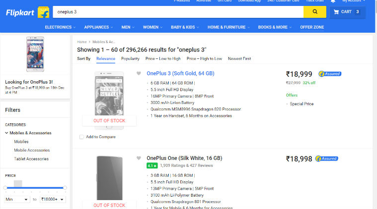 Flipkart Big Shopping Days: OnePlus 3 at Rs 18,999 is now out of stock ...