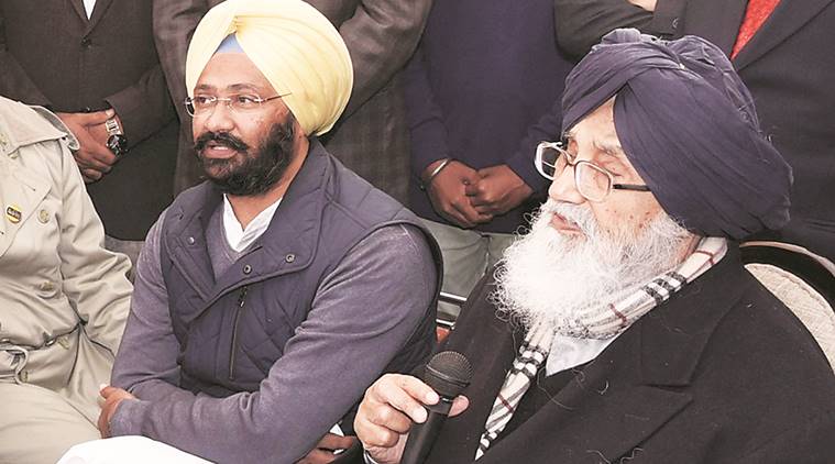 Badal with Finance Minister Parminder Dhindsa at Sangat Darshan at Malerkotla in Sangrur on Saturday. Gurmeet Singh