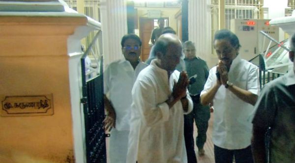 Superstar Rajinikanth meets Karunanidhi. Photo courtesy: Twitter