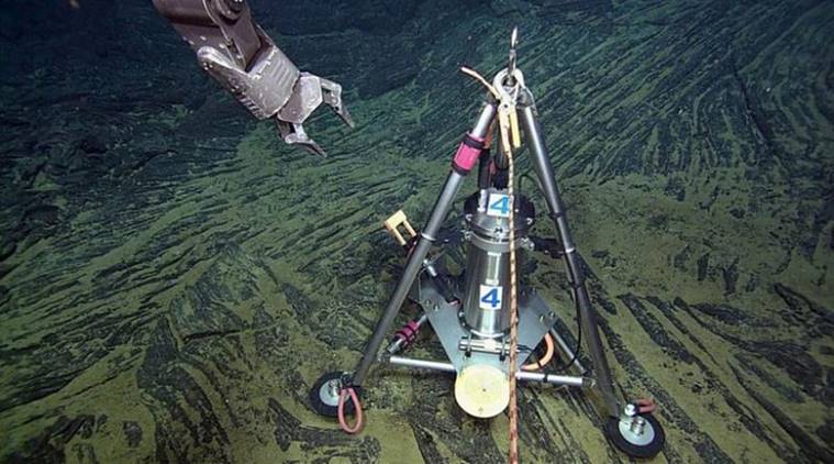 One of three bottom-pressure/tilt instruments in the summit caldera that is connected to the OOI Cabled Array network at an undersea volcano dubbed 'Axial Seamount', located off the Oregon coast, is seen in this undated handout photo provided by National Science Foundation/Ocean Observatories Initiative. REUTERS/National Science Foundation/Ocean Observatories Initiative