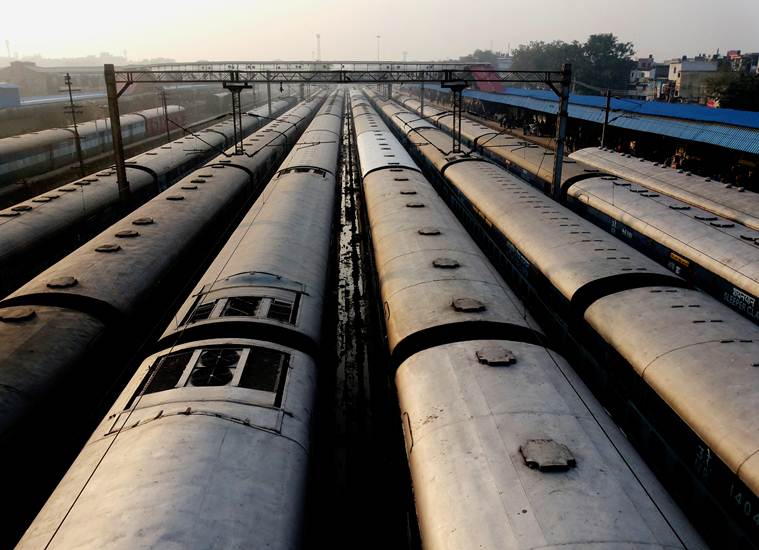 A row of trains waiting at the Old Delhi Railway Station. (Source: Express photo by Praveen Khanna)