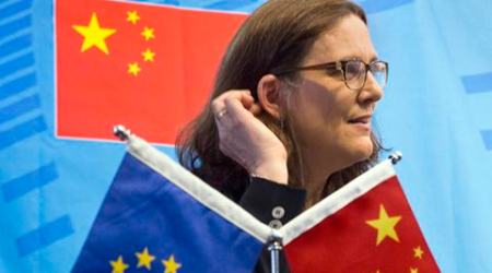 FILE - In this Monday, July 11, 2016 file photo, EU Trade Commissioner Cecilia Malmstrom speaks at the University of International Business and Economics in Beijing.  Forty-six countries including the U.S., China and European Union nations failed Sunday, Dec. 4, 2016 to agree on a list of "environmental goods" like solar-powered air conditioners or LED light bulbs that could be targeted for lower tariffs. (AP Photo/Ng Han Guan, File)