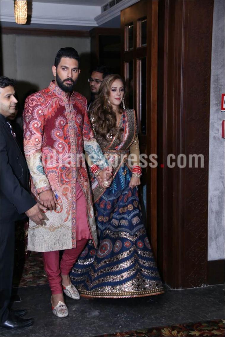 Yuvraj Singh and Hazel Keech in JJ Valaya couture. (Source: APH Images)