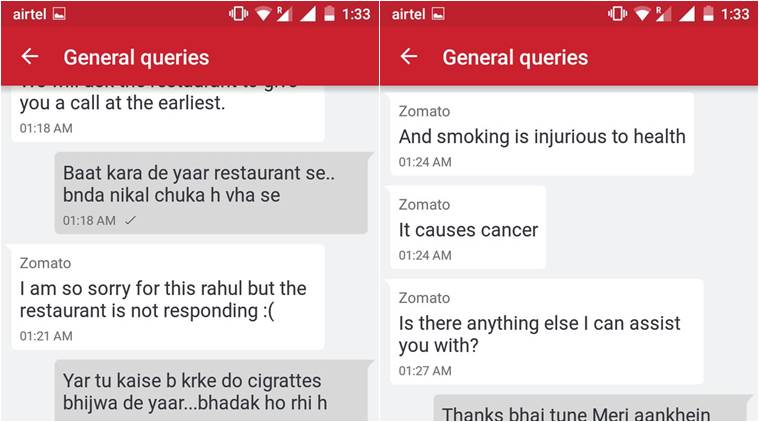 This Conversation With A Zomato Customer Care Executive Will Leave You In Splits Trending News The Indian Express