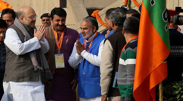 National BJP President Amit Shah with Delhi BJP president Manoj tiwari during the BJP executive meeting at NDMC convention centre in new Delhi on Friday.Express photo by Prem Nath Pandey 06 jan 17