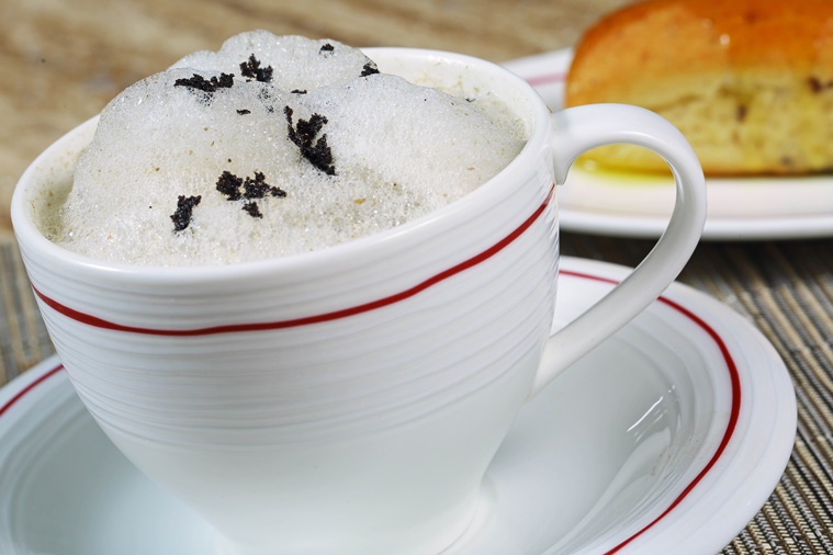 The Mushroom Cappuccino, a combination of three types of mushrooms and a drizzle of shaved olives, is a perfect melange of mushroom and cappuccino foam.
