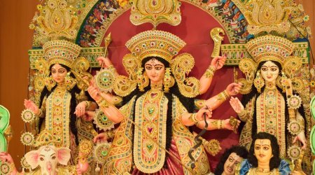Sculpture of Hindu Goddess Durga during Durga puja festival in Kolkata, India