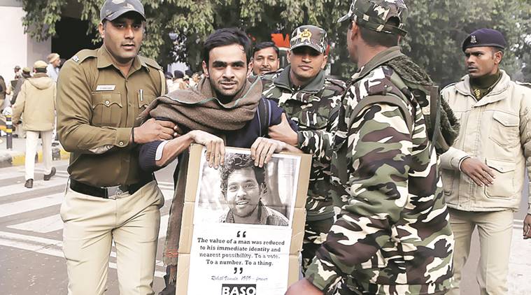 Rohith Vemula anniversary, JNU, jawaharlal nehru university, journalist beaten, insaaf march, Rohith Vemula, Rohith Vemula suicide, Rohith Vemula protest, protest march, indian express news, delhi news