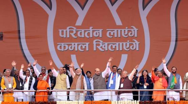 Prime Minister of India Narendra Modi along with BJP National President Amit Shah,Union Home Minister Rajnath Singh and Uttar Pradesh BJP state President Keshav Maurya at Party organised Parivartan Rally at Ramabai Rally Ground in Lucknow. (Express photo by Vishal Srivastav)