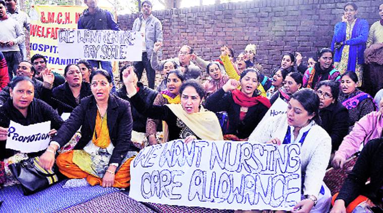 Nurses of Government Medical College and Hospital at a hunger strike in Sector 32, Chandigarh, on Monday.  Sahil Walia 
