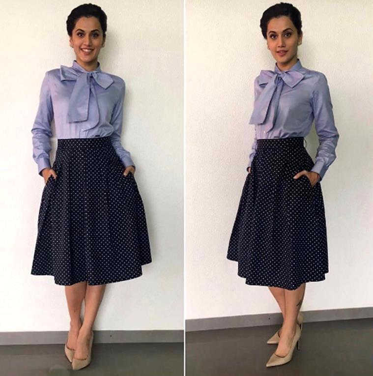 Taapsee Pannu rocks double patterns for the top and skirt. (Source: Taapsee Pannu/Instagram)
