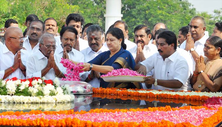 AIADMK General Secretary V K Sasikala paying tribute at the memorial former Tamil Nadu C M C N Annadurai, on the leader's 48th death anniversary in Chennai on Friday. PTI Photo