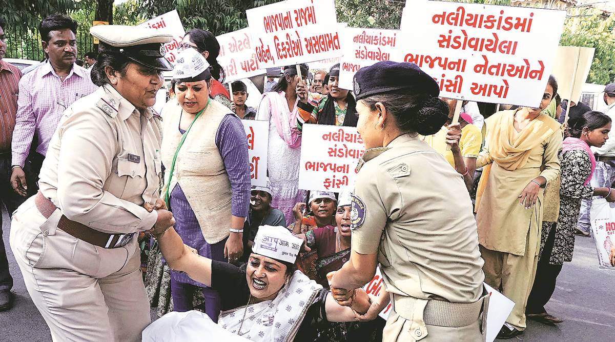 Naliya, Naliya gangrape, Naliya rape, naliya aap, naliya congress, aap protest, congress protest, naliya aap congress protest, naliya police, naliya gangrape accused, naliya gangrape case, indian express news, india news