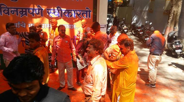 Celebrations at BJP's office in Pune. (Source: Express photo by Partha Biswas)