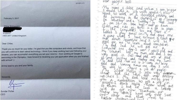 google, sundar pichai, sundar pichai google ceo, 7 year old wants to join google, 7 year old's letter to sundar pichai viral, 7 year old want to join google writes letter to pichai, indian express, indian express trending