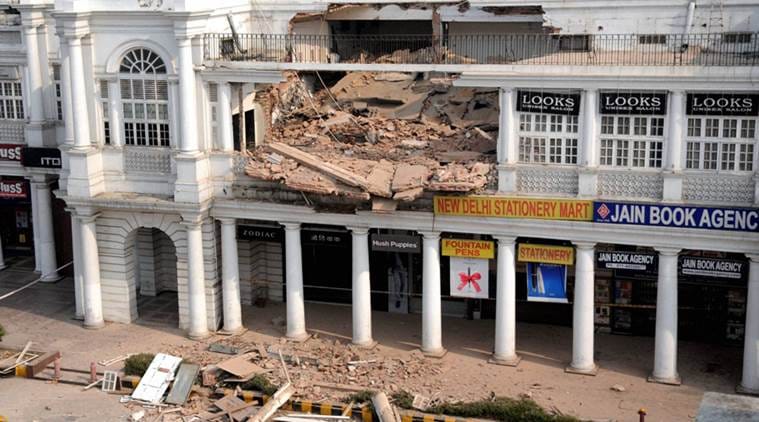 Connaught Place, Connaught Place rood collapse, canaught place, canaught place roof collapse, delhi roof collapse, delhi cp roof collapse, cp roof collapse, delhi, NDMC, delhi canaught place, jain book depot roof collapse, jain book depot cp, delhi fire services, c block connaught place, delhi news