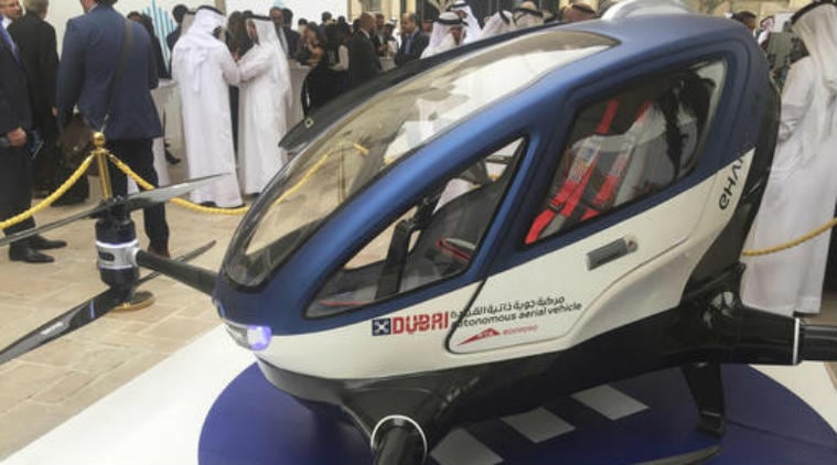 passenger carrying drone, Chinese EHang 184, Hyperloop One, Automatic drone, Passenger drone begin in July, Drone intrusions, Dubai Airport, Controlled visa 4G mobile internet,egg-shaped craft , four-legged craft,f Dubai's Roads & Transportation Agency,  US Federal Aviation Administration, Hyperloop, Elon Musk,Futuristic transportation, Technology, Technology news