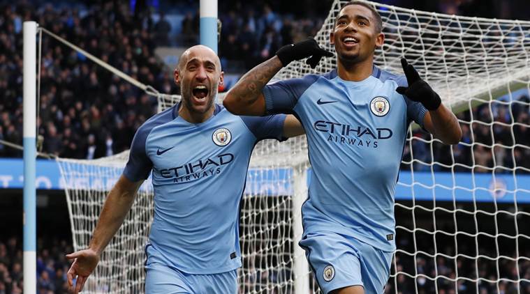 Manchester City's Gabriel Jesus celebrates scoring their second goal with Pablo Zabaleta