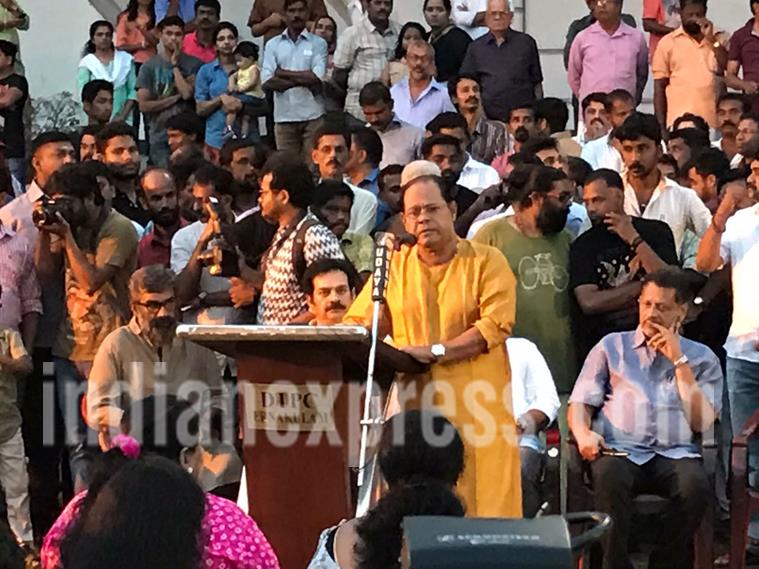 Association of Malayalam Movie Artists (AMMA) president Innocent at protest event in Kochi