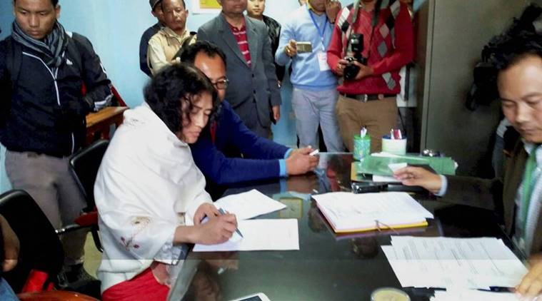 Thoubal: Irom Sharmila files nomination at DC Office for upcoming assembly election of Manipur in Thoubal constituency in Manipur, on Thursday. PTI Photo Manash Pratim Gogoi (PTI2_16_2017_000183B)