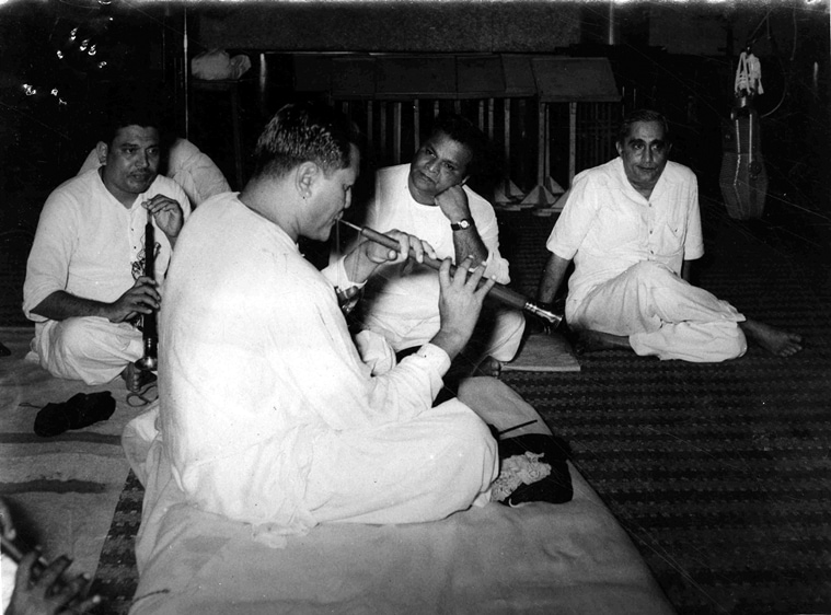 Bismillah Khan with music director Vasant Desai and producer-director Vijay Bhatt at a recording session for Goonj Uthi Shehnai. (Source: Express Archive)