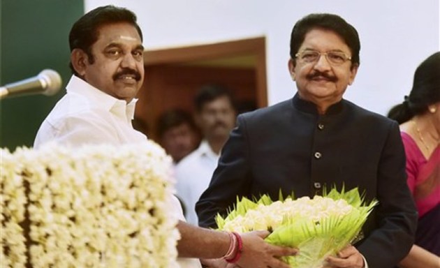 tamil nadu chief minister, cm 'edappadi k palaniswami', floral bouquet, governor, ch vidyasagar rao, swearing-in ceremony, raj bhavan