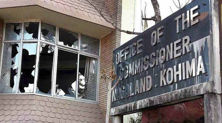 Kohima: The office of the Commissioner that was damaged by the angry protesters during their violent protest, in Kohima on Friday. PTI Photo (PTI2_3_2017_000254B)