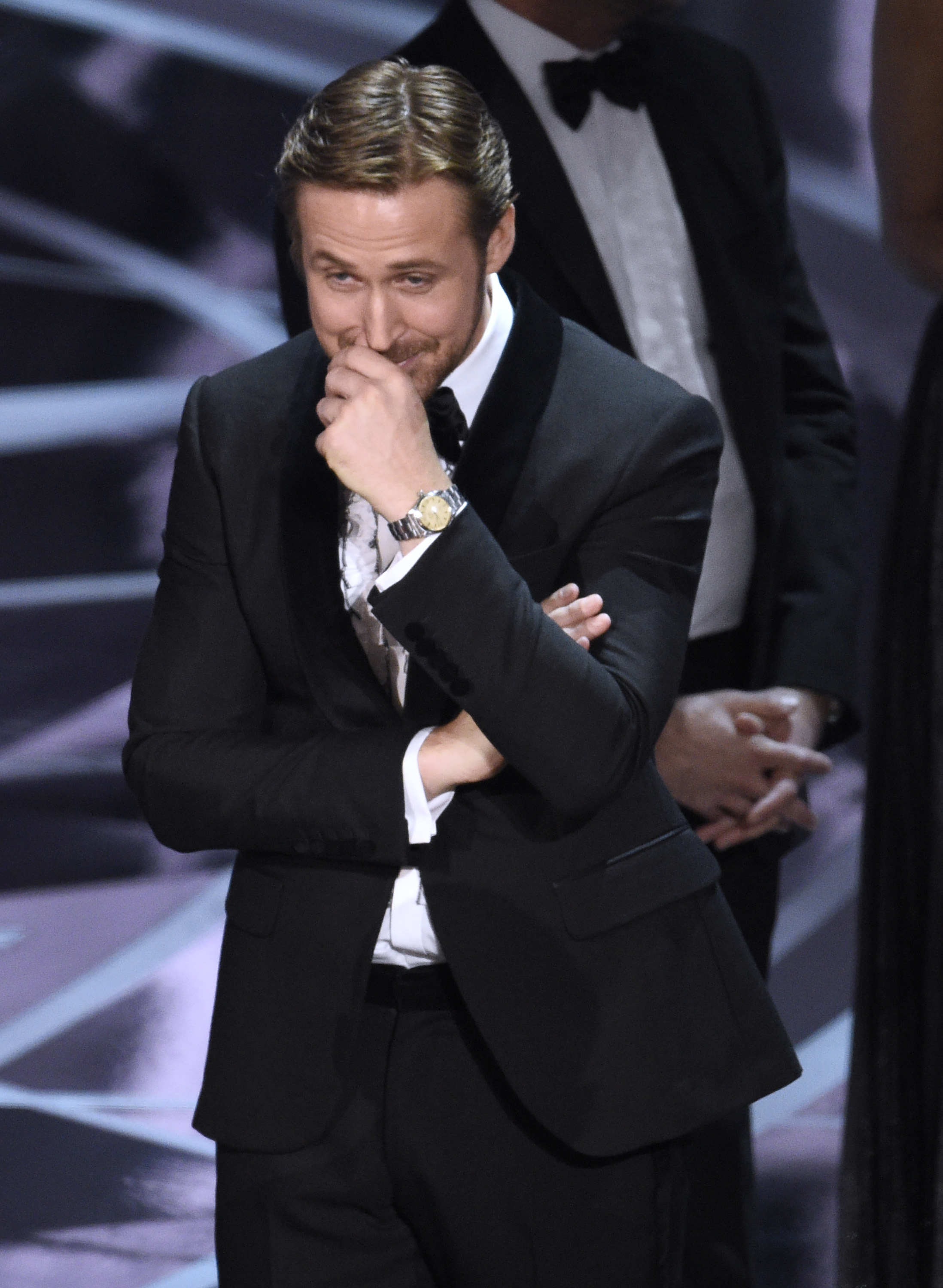 Ryan Gosling reacts as the true winner of best picture is announced at the Oscars on Sunday, Feb. 26, 2017, at the Dolby Theatre in Los Angeles. It was originally announced that "La La Land" won, but the winner was actually, "Moonlight." (Photo by Chris Pizzello/Invision/AP)