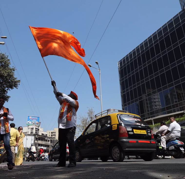 Shiv Sena celebrations outside Sena bhavan, Dadar. Express Photo/Nirmal Harindran