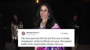 mumbai police, shobhaa de, mumbai police shobhaa de twitter spat, shobha de mumbai police body shaming tweet, trending news, mumbai news, mumbai elections, bmc elections, latest news, indian express