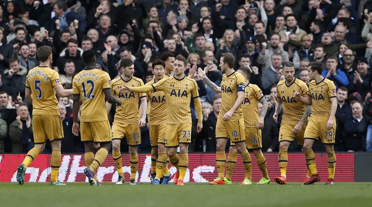 Tottenham's Harry Kane celebrates scoring their second goal with team mates