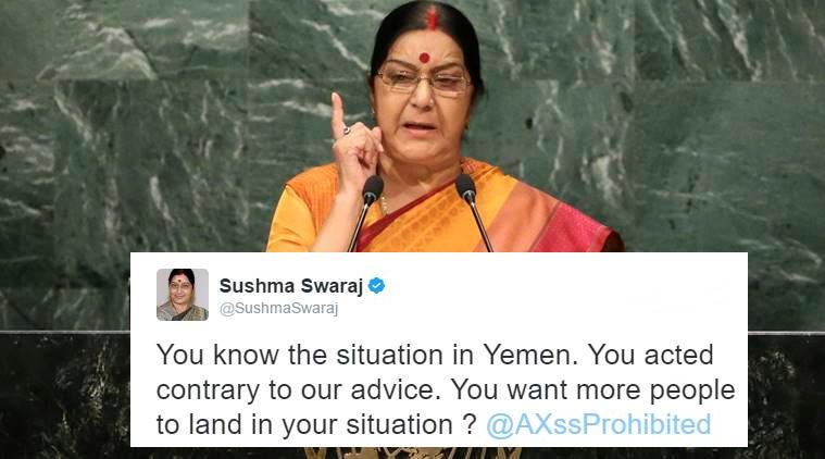 sushma swaraj, sushma swaraj twitter, sushma swaraj navy officer, sushma swaraj navy yemen, sushma swaraj navy officer wife yemen, sushma swaraj tweet, sushma swaraj twitter yemen, indian express, indian express news, trending