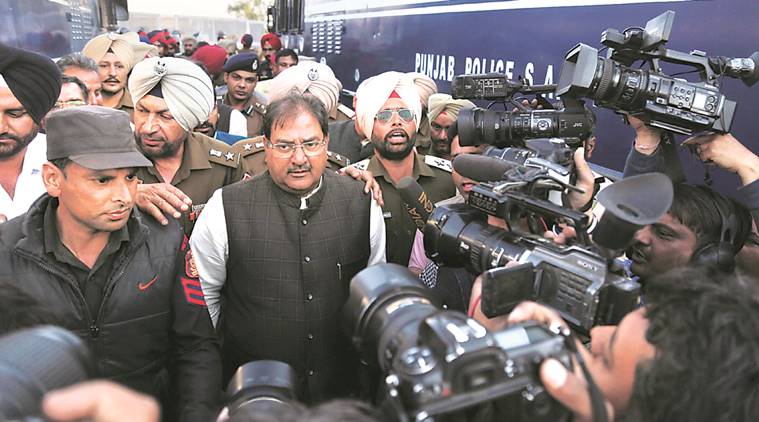 Leader of Opposition in Haryana Assembly Abhay Singh Chautala after he courted arrest at Shambhu Barrier during INLD’s protest on the Sutlej-Yamuna Link issue on Thursday. Jaipal Singh