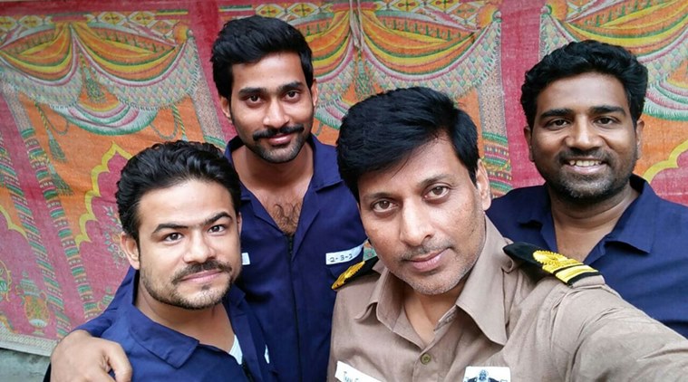 Some of the submarine crew along with Thiruveer (second from left)