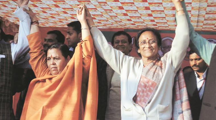 Uma Bharti campaigns with Rita Bahuguna Joshi in Lucknow on Saturday. Vishal Srivastav