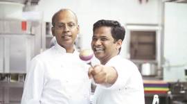 Chefs Sriram Aylur (left) and Srijith Gopinathan Nirmal Harindran; Fisherman’s Catch from chef Aylur’s Quilon ; chef Gopinathan’s signature Spice Pot (top right)