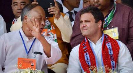 Imphal: Congress vice president Rahul Gandhi and Manipur Chief Minister Okram Ibobi Singh at an election campaign rally ahead of the Manipur Assembly elections, in Imphal on Tuesday. PTI Photo(PTI2_28_2017_000151B)
