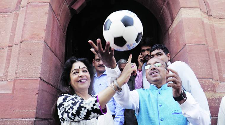 Under 17 Fifa worldcup, FIFA Under-17 World Cup in India, Venues for FIFA Under-17 World Cup, Sports Minister Vijay Goel, Sports Minister Vijay Goel distributes football, Indian football, All India Football Federation (AIFF), AIFF, indian express news
