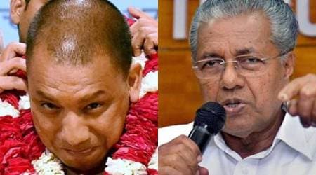 Yogi adityanath, Pinarayi Vijayan, Kerala CM, Uttar Pradesh CM, Pinarayi Vijayan yogi adityanath, BJP, Yogi, Yogi adityanath oath taking, narendra Modi, UP polls, UP election results, india news, indian express news