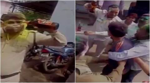 policmen drinking in police station, police drinking beer in holi, police drinking beer in police station., police drinking beer in gwalior, indian express, indian express news