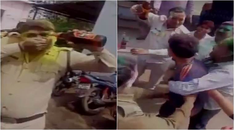 policmen drinking in police station, police drinking beer in holi, police drinking beer in police station., police drinking beer in gwalior, indian express, indian express news
