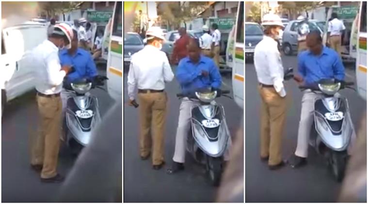 police officer, indian police, hyderabad cop bribe video, hyderabad policeman taking bribe, cop videos, police videos, hyderabad police video, indian express, indian express news
